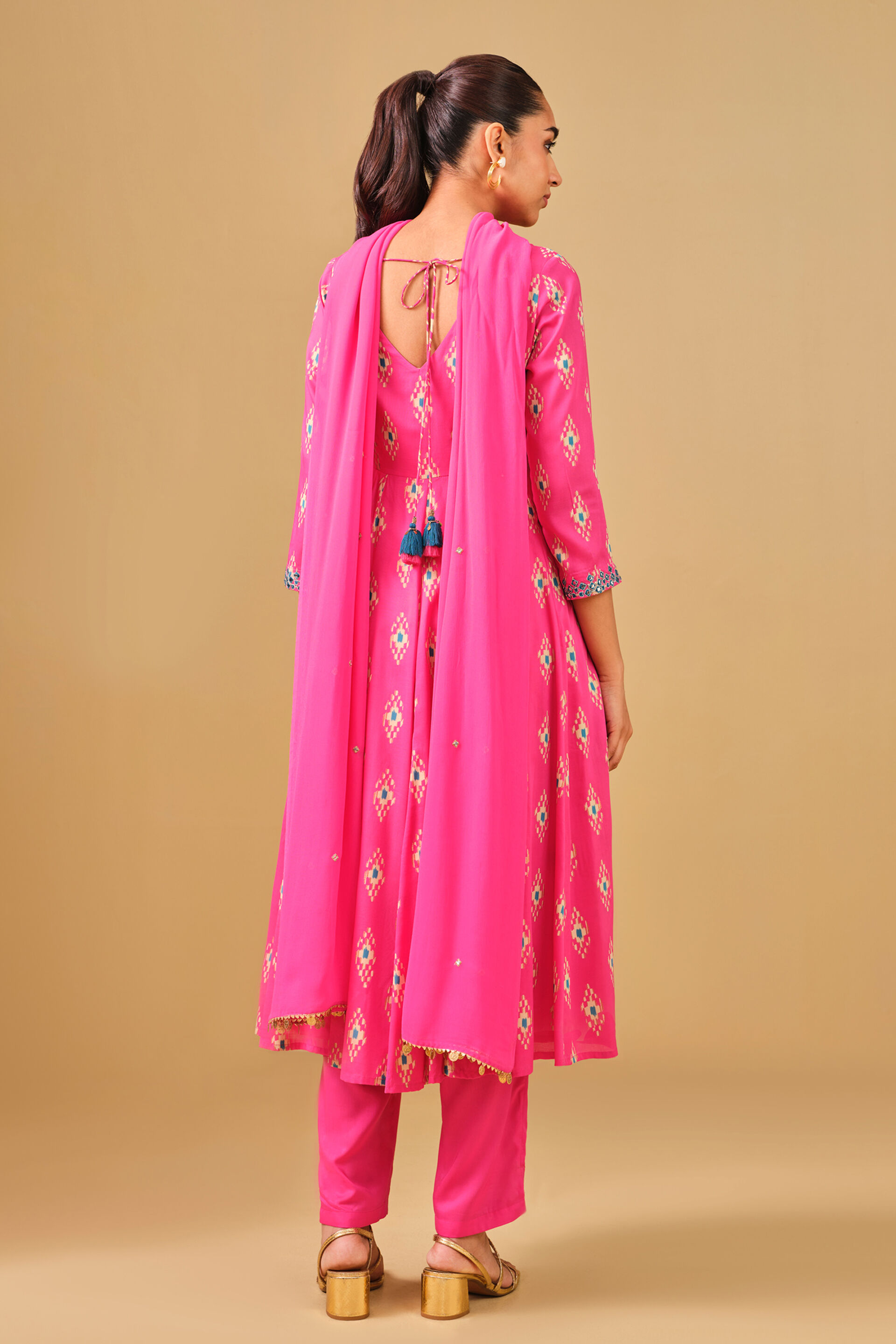 Ikat Inspired Pink Viscose Kurta Set, Pink, image 5